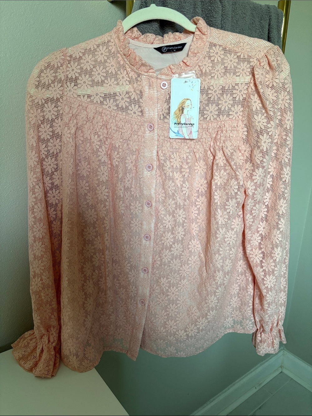 PrettyGarden Delicate Lace Button-Up Blouse in Blush